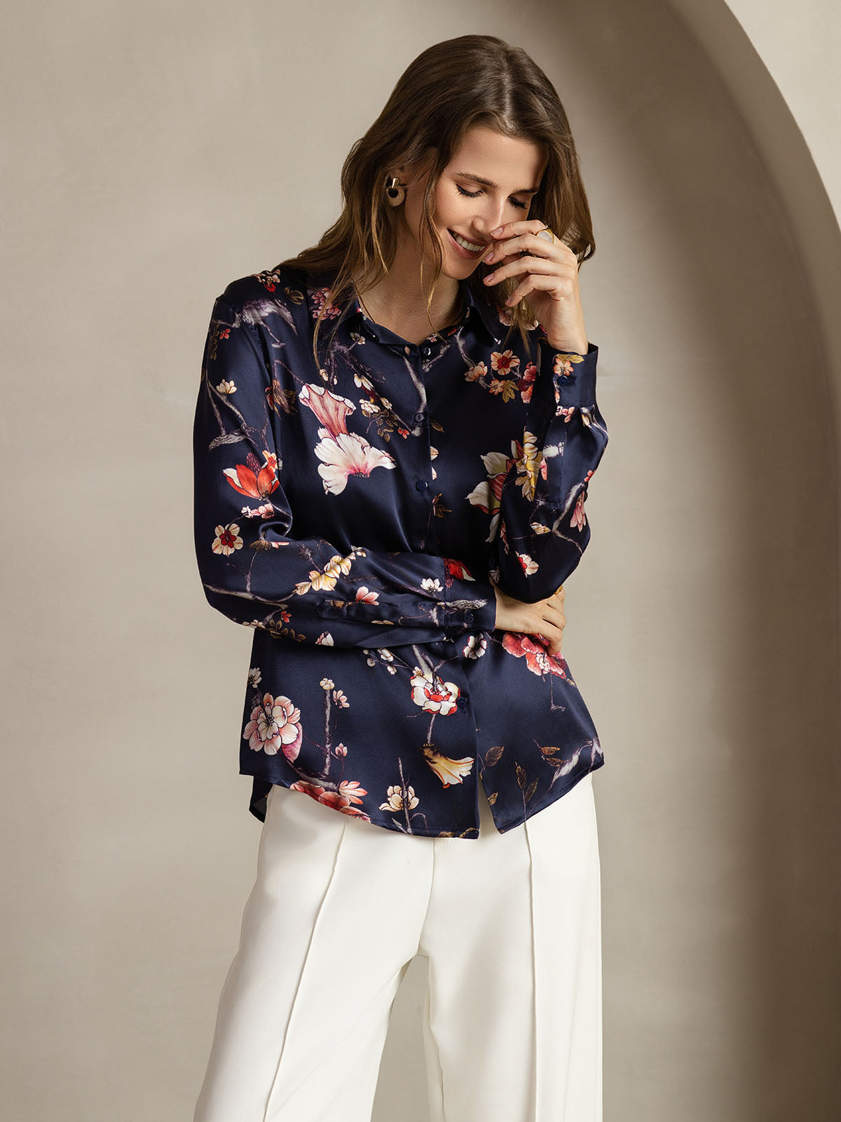 19Momme Silk Long Sleeve Lapel Collar Women's Shirt with Button Up Design