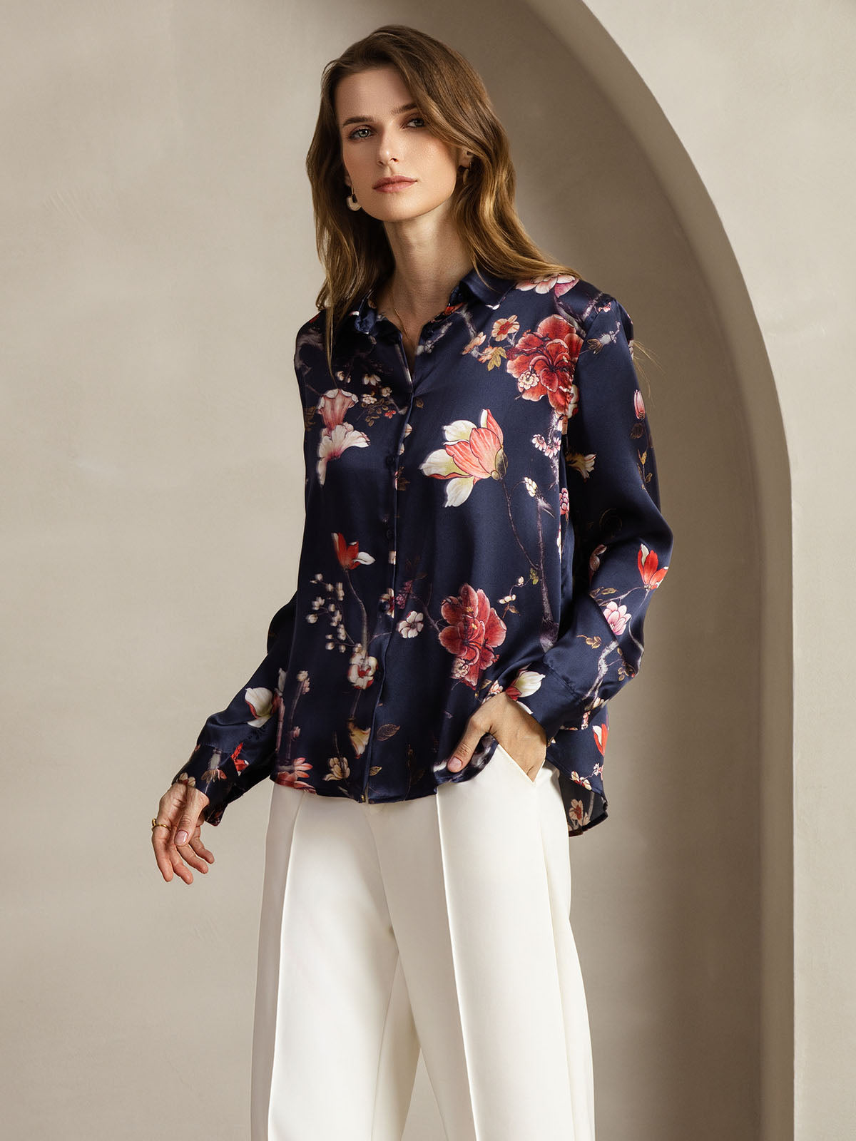 19Momme Silk Long Sleeve Lapel Collar Women's Shirt with Button Up Design