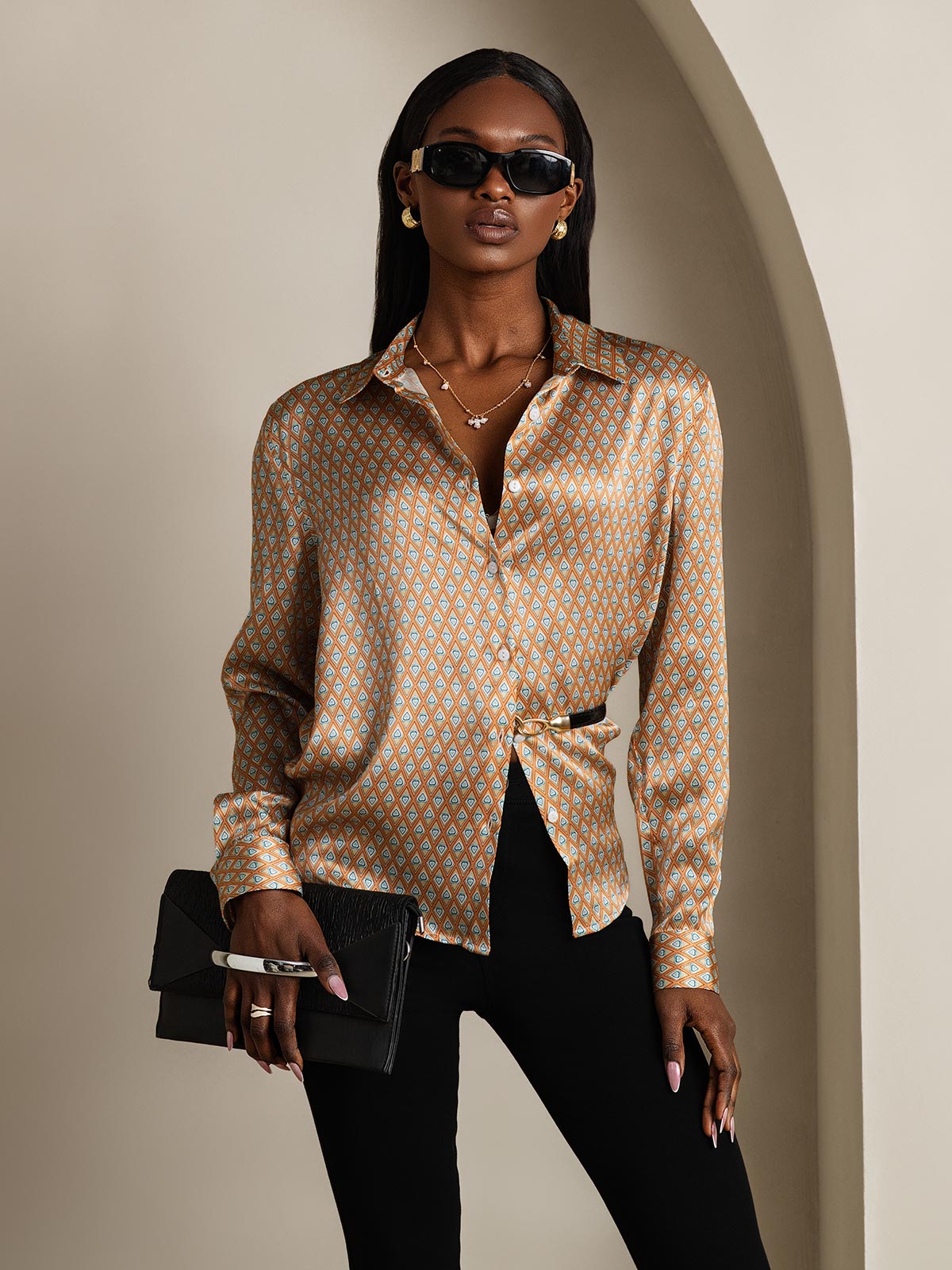 19Momme Silk Long Sleeve Lapel Collar Women's Shirt with Button Up Design