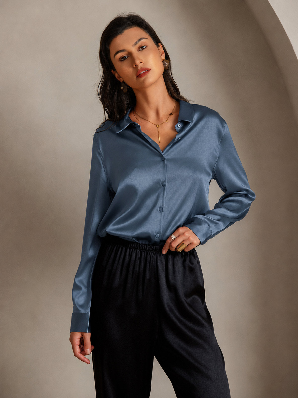 19Momme Silk Long Sleeve Lapel Collar Women's Shirt with Button Up Design