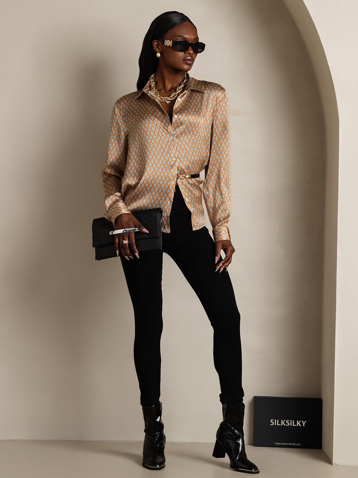 19Momme Silk Long Sleeve Lapel Collar Women's Shirt with Button Up Design
