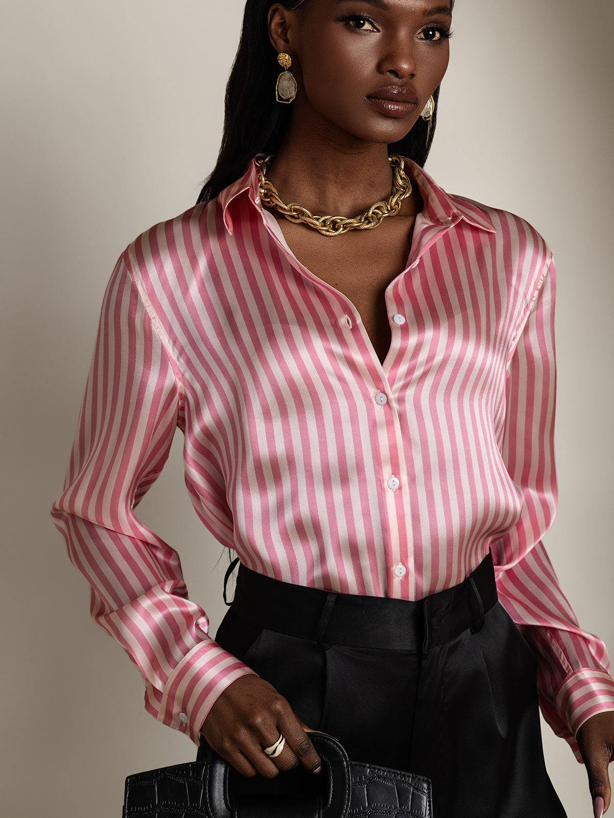 19Momme Silk Long Sleeve Lapel Collar Women's Shirt with Button Up Design