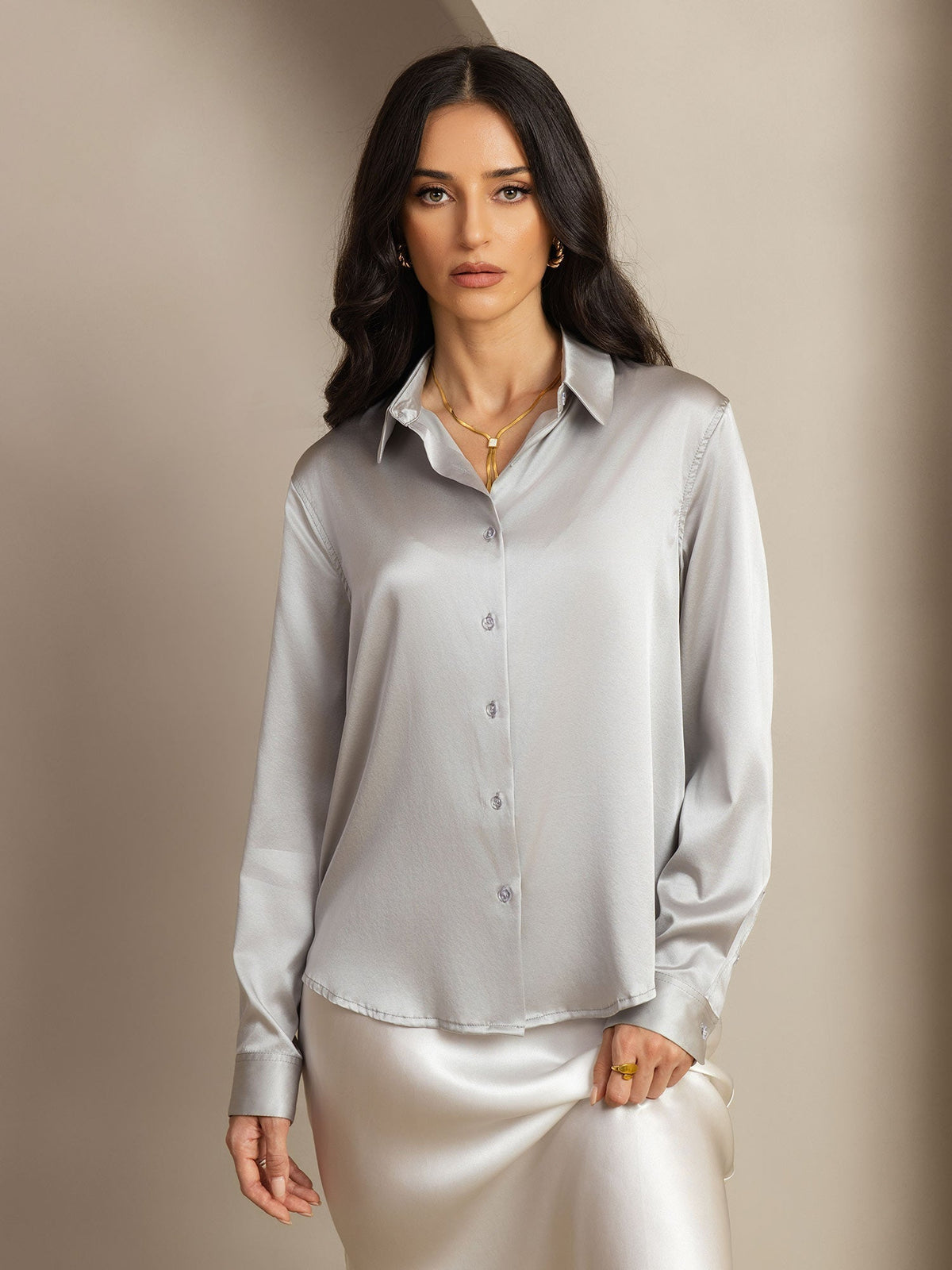 19Momme Silk Long Sleeve Lapel Collar Women's Shirt with Button Up Design