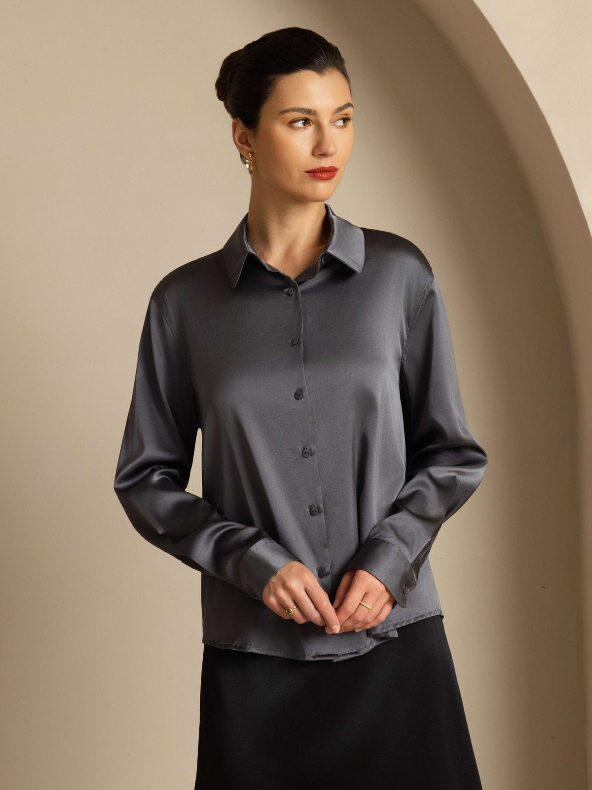 19Momme Silk Long Sleeve Lapel Collar Women's Shirt with Button Up Design