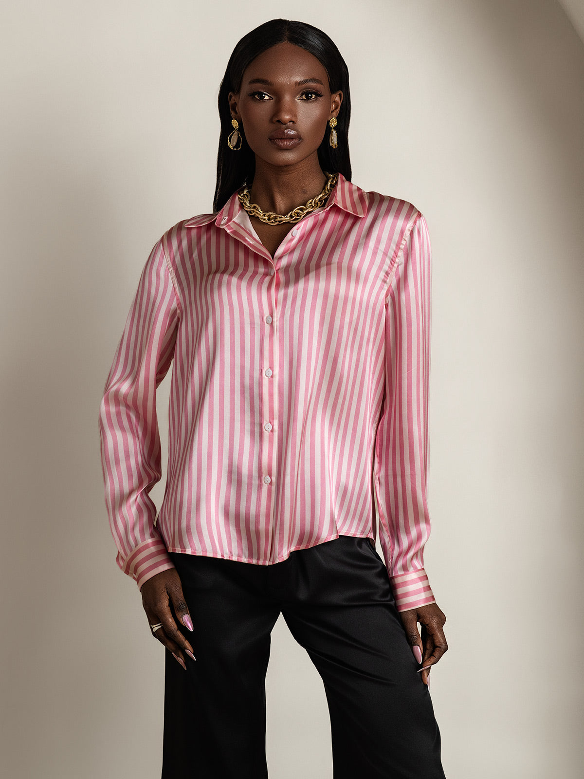 19Momme Silk Long Sleeve Lapel Collar Women's Shirt with Button Up Design