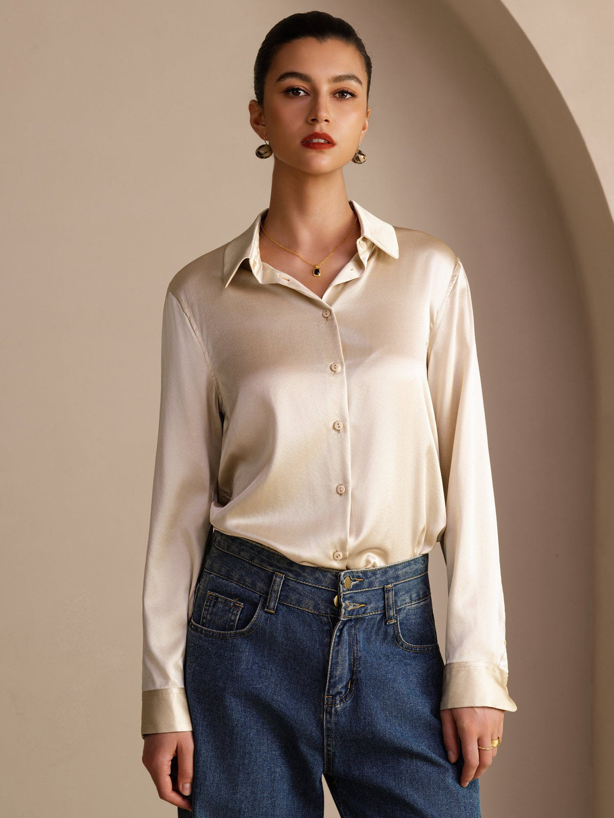 19Momme Silk Long Sleeve Lapel Collar Women's Shirt with Button Up Design