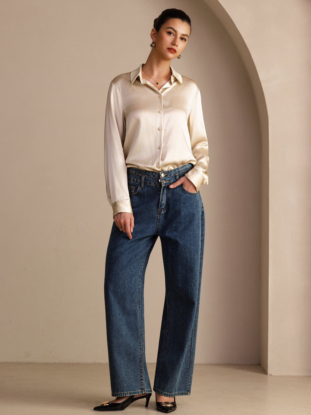 19Momme Silk Long Sleeve Lapel Collar Women's Shirt with Button Up Design