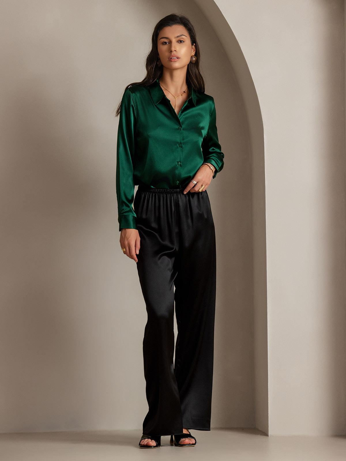 19Momme Silk Long Sleeve Lapel Collar Women's Shirt with Button Up Design