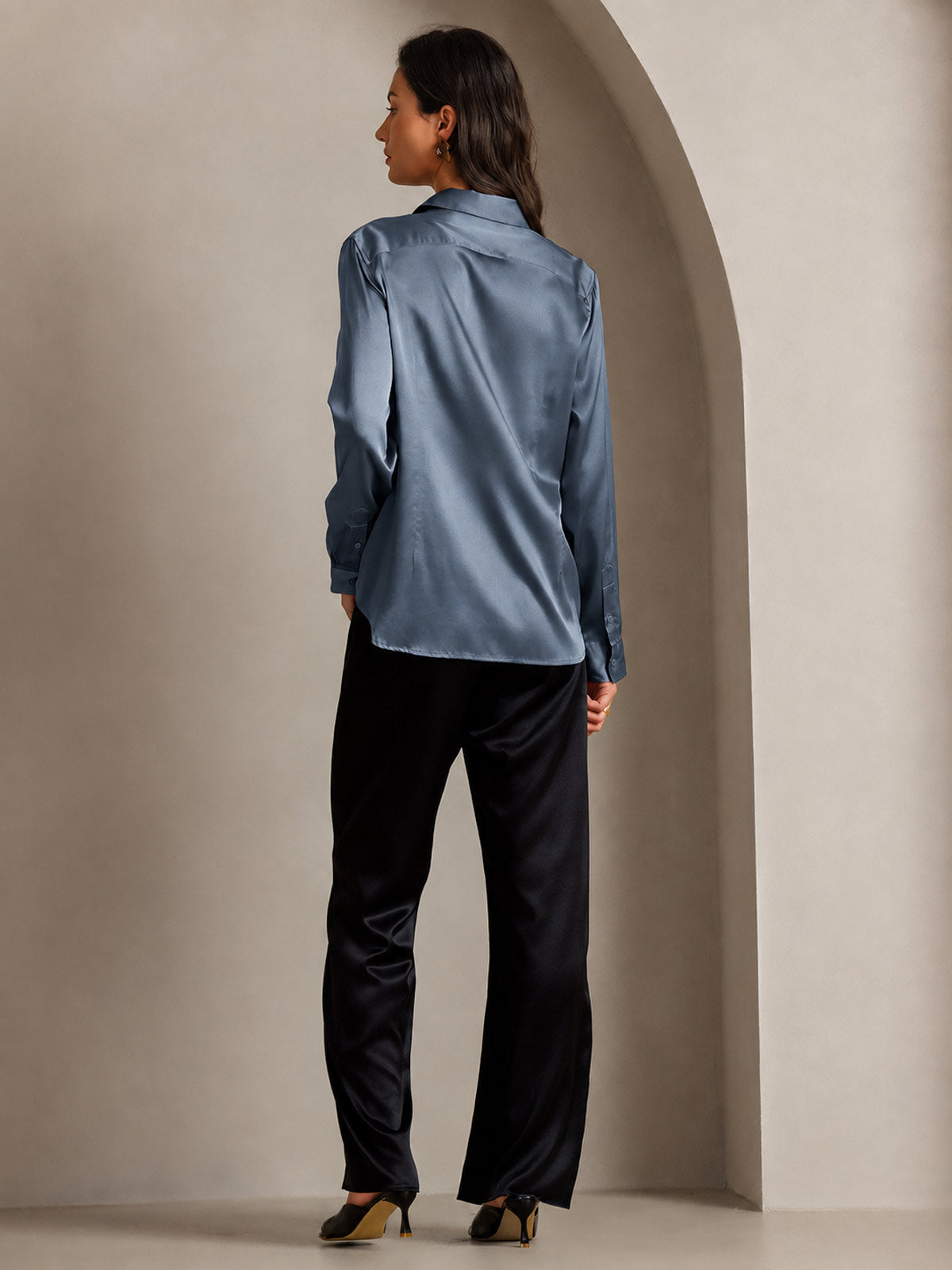 19Momme Silk Long Sleeve Lapel Collar Women's Shirt with Button Up Design