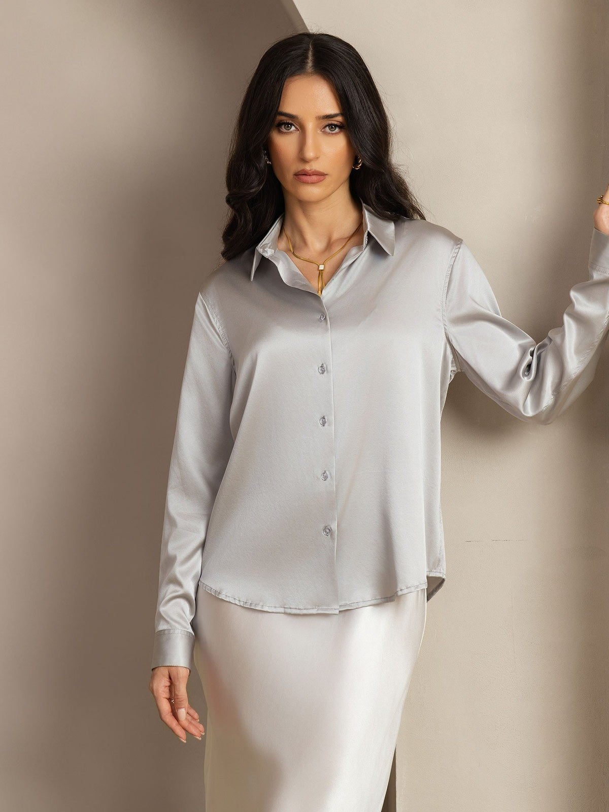 19Momme Silk Long Sleeve Lapel Collar Women's Shirt with Button Up Design