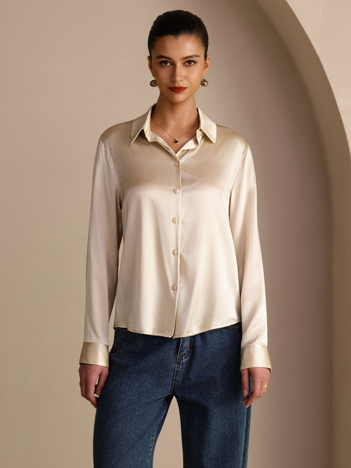 19Momme Silk Long Sleeve Lapel Collar Women's Shirt with Button Up Design