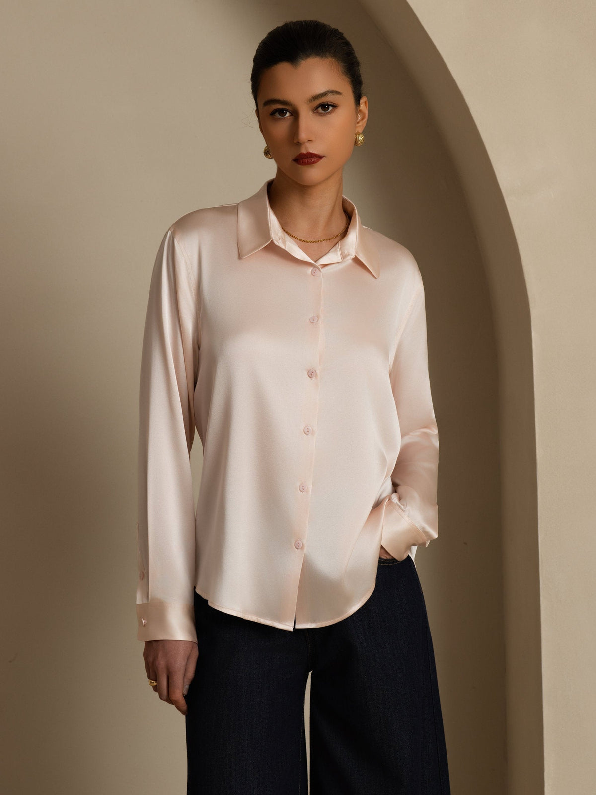 19Momme Silk Long Sleeve Lapel Collar Women's Shirt with Button Up Design