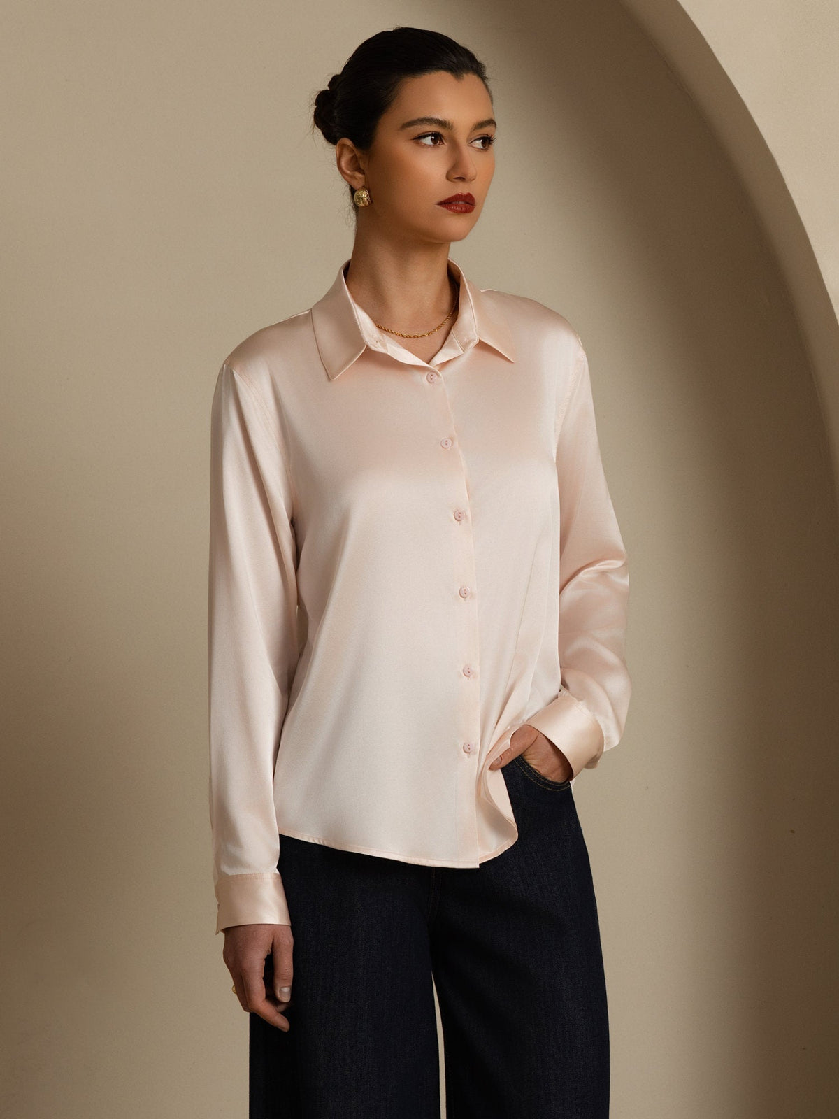 19Momme Silk Long Sleeve Lapel Collar Women's Shirt with Button Up Design