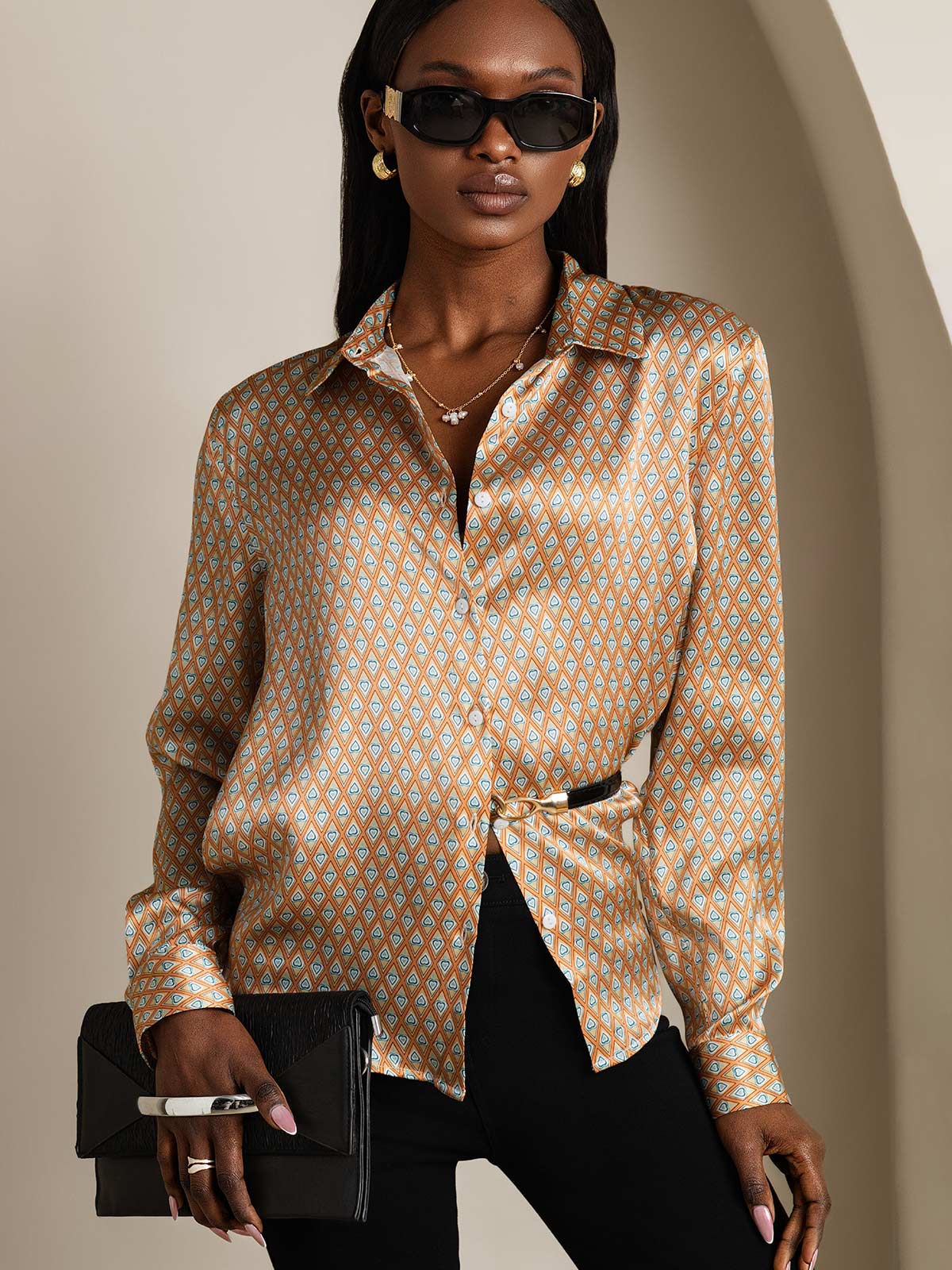 19Momme Silk Long Sleeve Lapel Collar Women's Shirt with Button Up Design