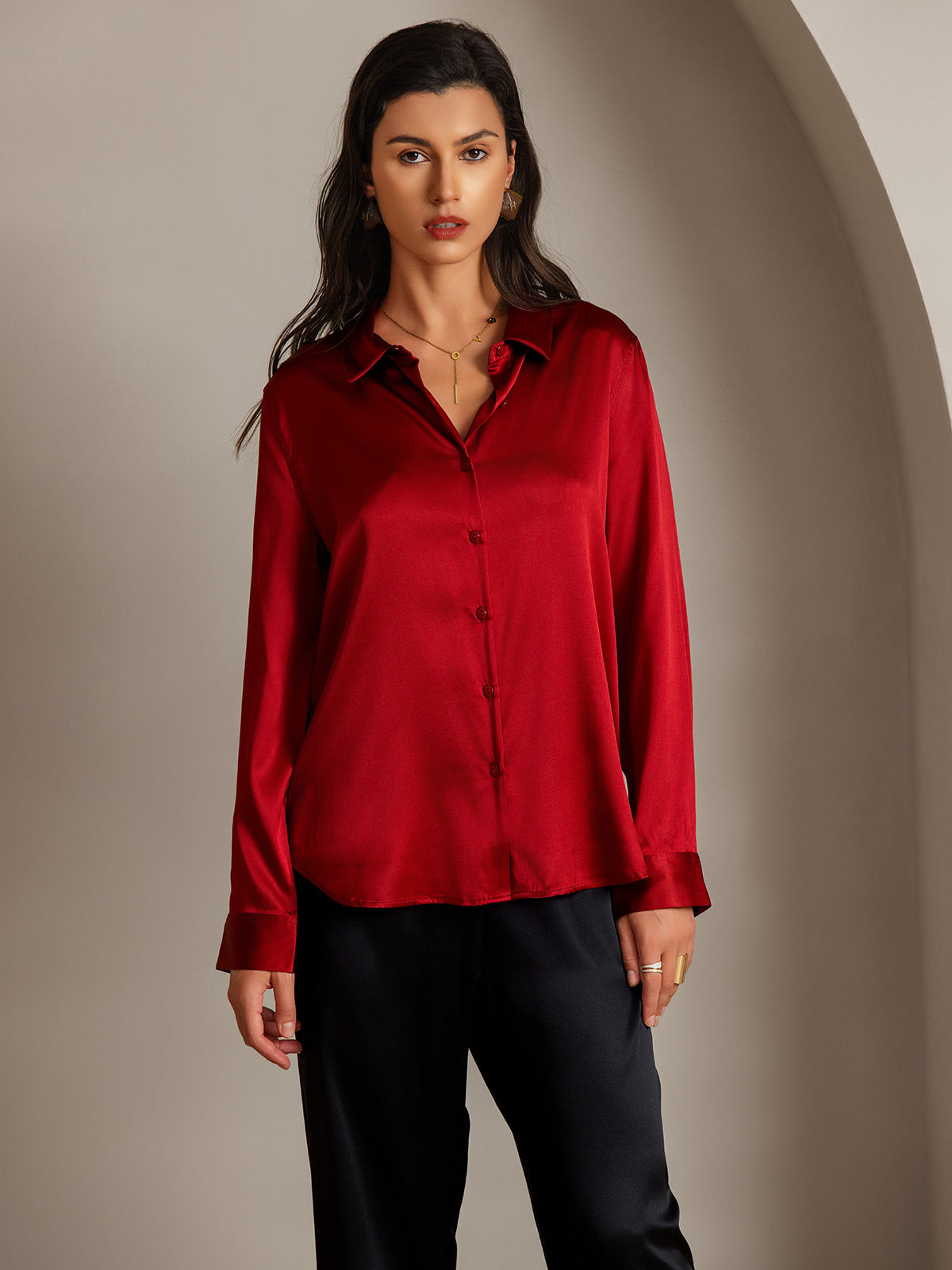 19Momme Silk Long Sleeve Lapel Collar Women's Shirt with Button Up Design