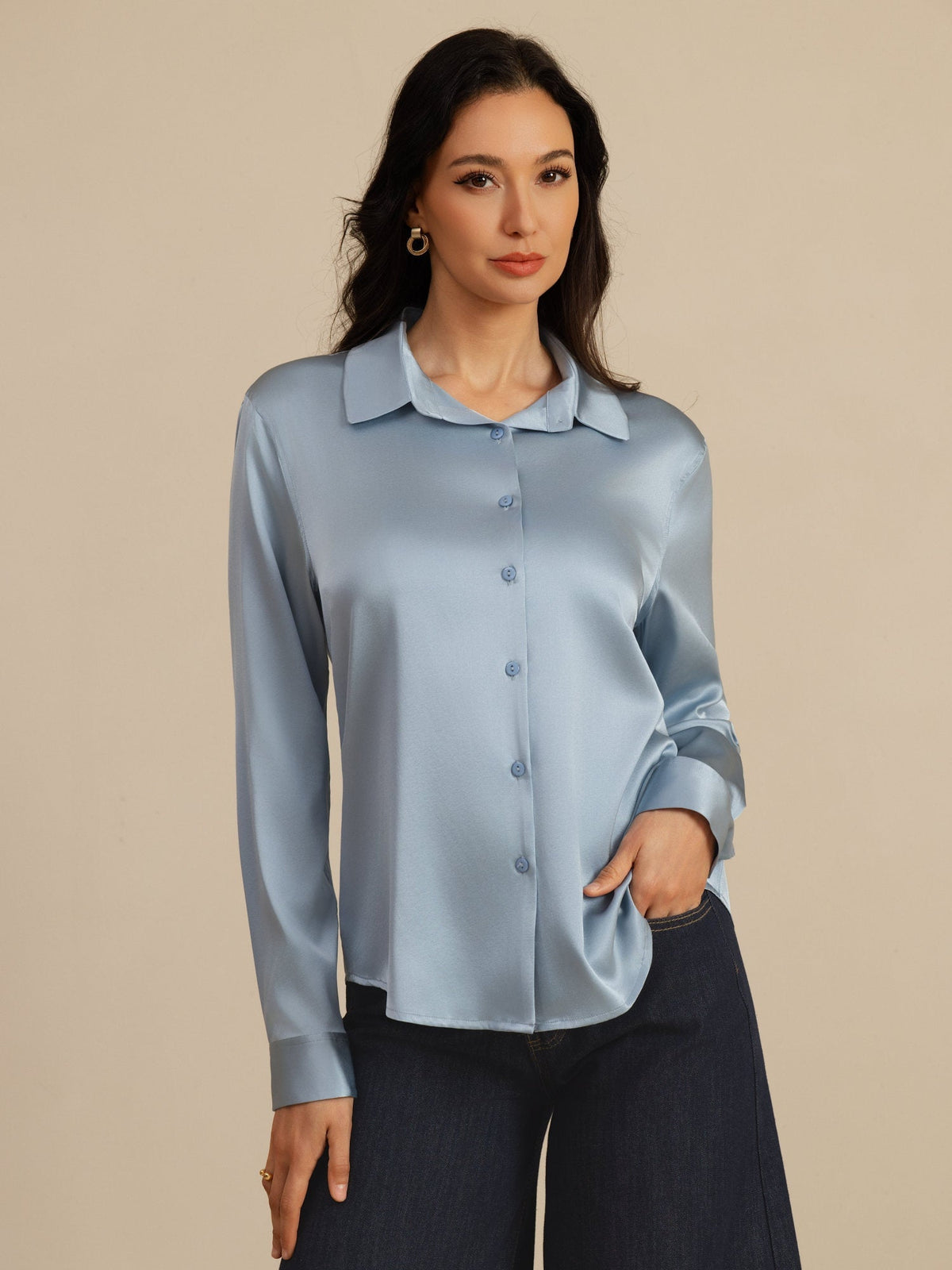 19Momme Silk Long Sleeve Lapel Collar Women's Shirt with Button Up Design