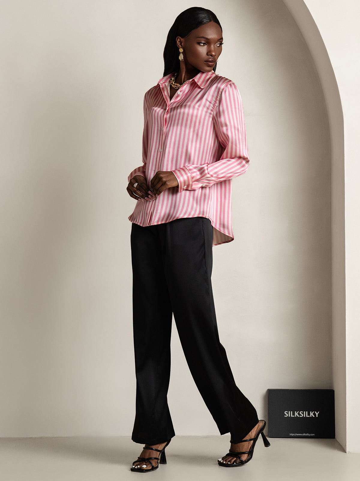 19Momme Silk Long Sleeve Lapel Collar Women's Shirt with Button Up Design
