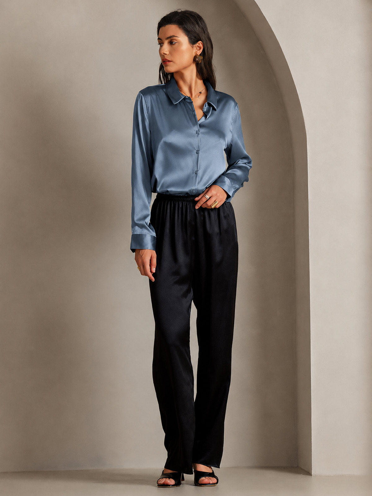 19Momme Silk Long Sleeve Lapel Collar Women's Shirt with Button Up Design