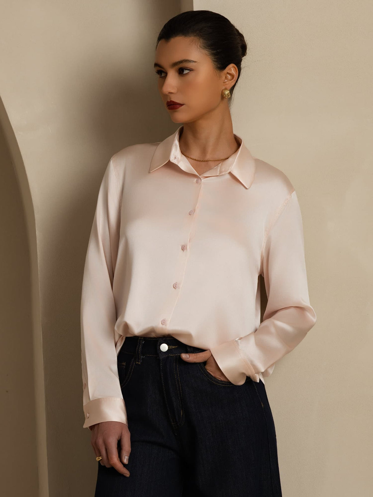 19Momme Silk Long Sleeve Lapel Collar Women's Shirt with Button Up Design