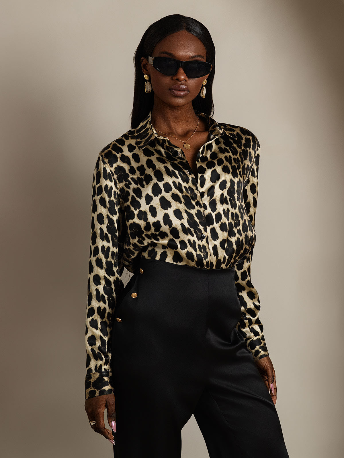 19Momme Silk Long Sleeve Lapel Collar Women's Shirt with Button Up Design