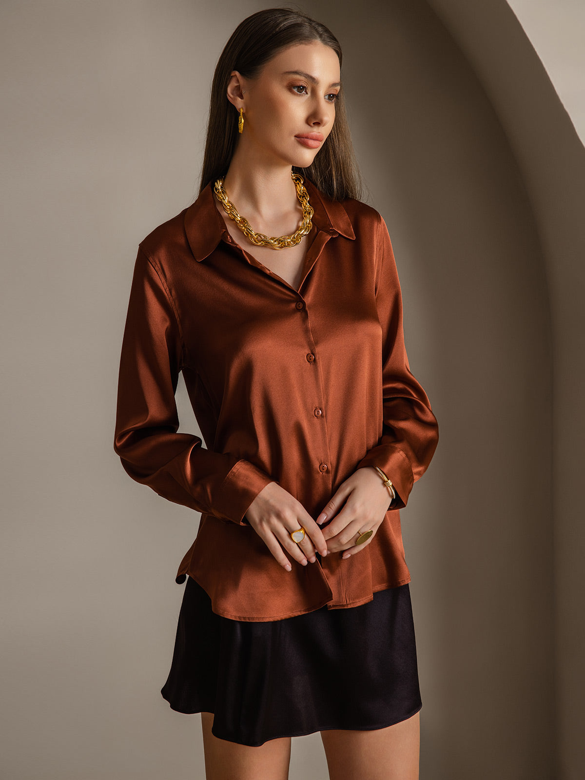 19Momme Silk Long Sleeve Lapel Collar Women's Shirt with Button Up Design